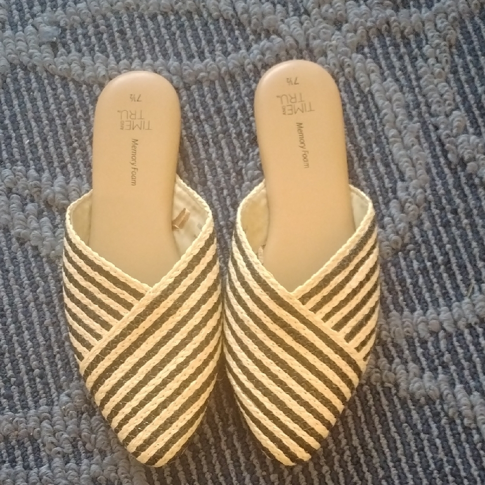-Women's Striped Navy & Cream Slip-On Mules With Memory Foam Soles